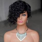 10'' Deep Wave Black Human Hair Asymmetrical Side Swoop Pixie Cut Wig
